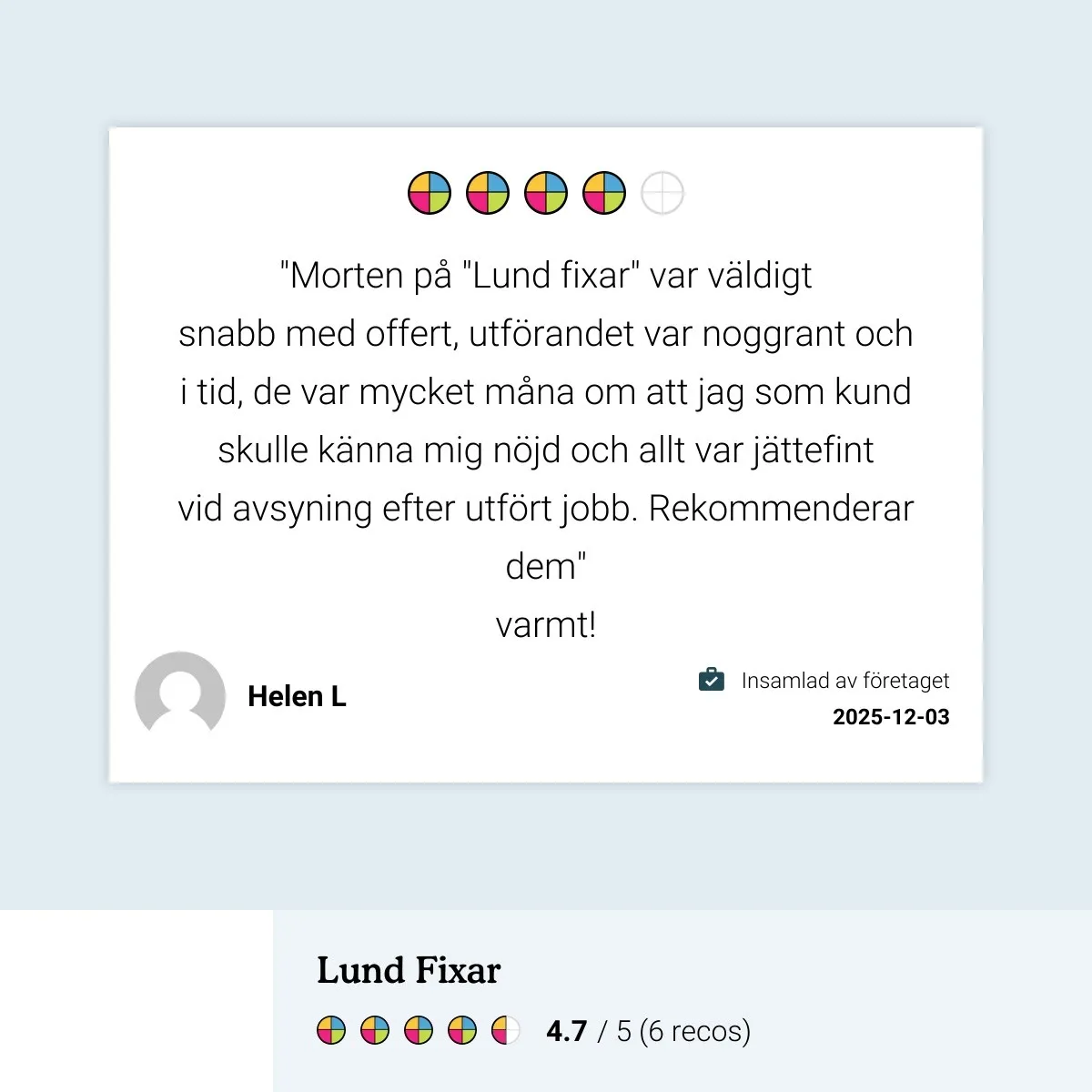 Recension på Reco från Helen L om Lund Fixar